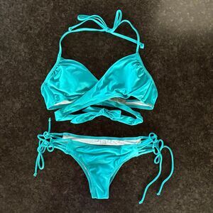 VS PINK Blue Bikini Swimsuit Set Cross Wrapped & Tied S/XS